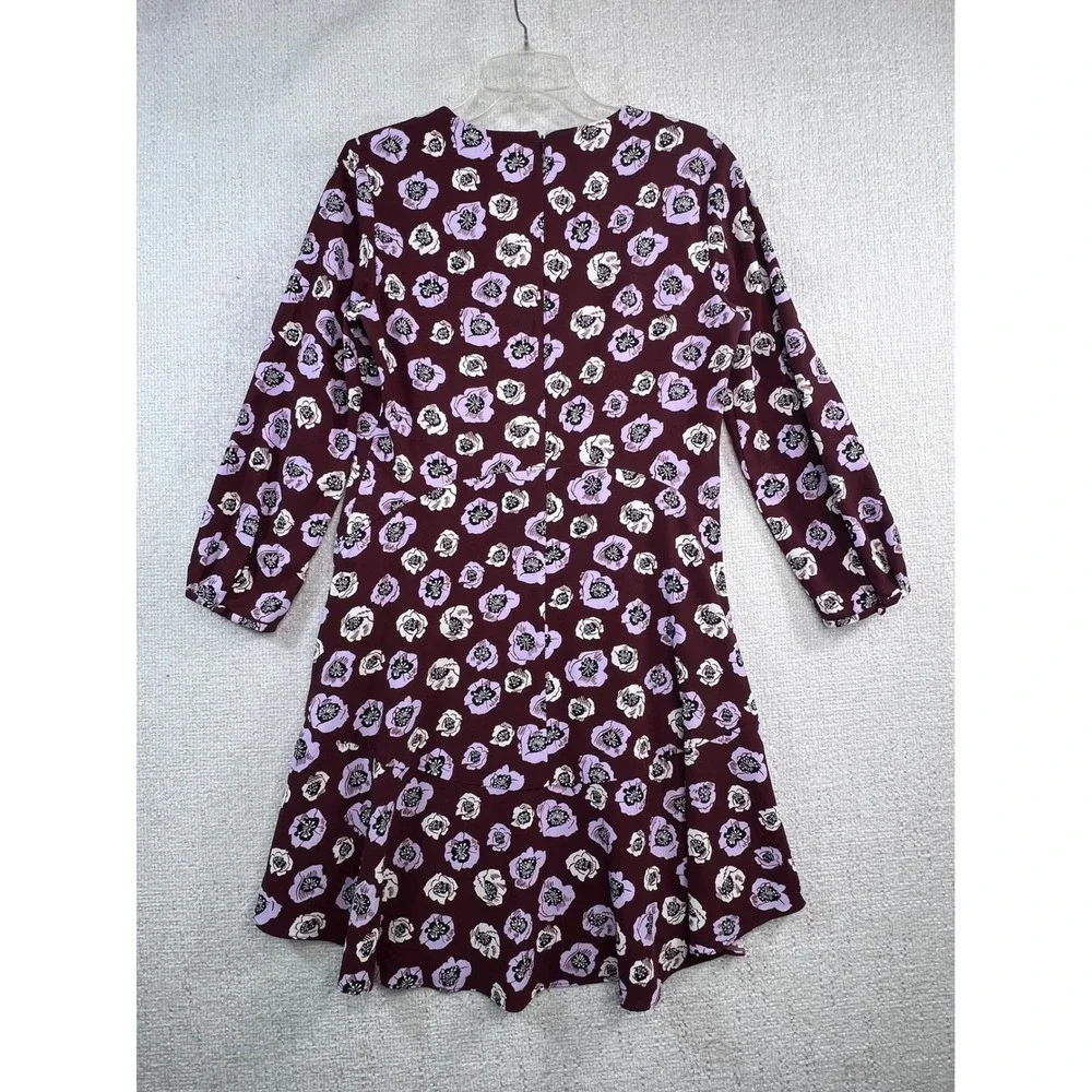 Loft Burgundy Floral Poppy Long Sleeve Ruffle Hem‎ Dress Purple White Womens